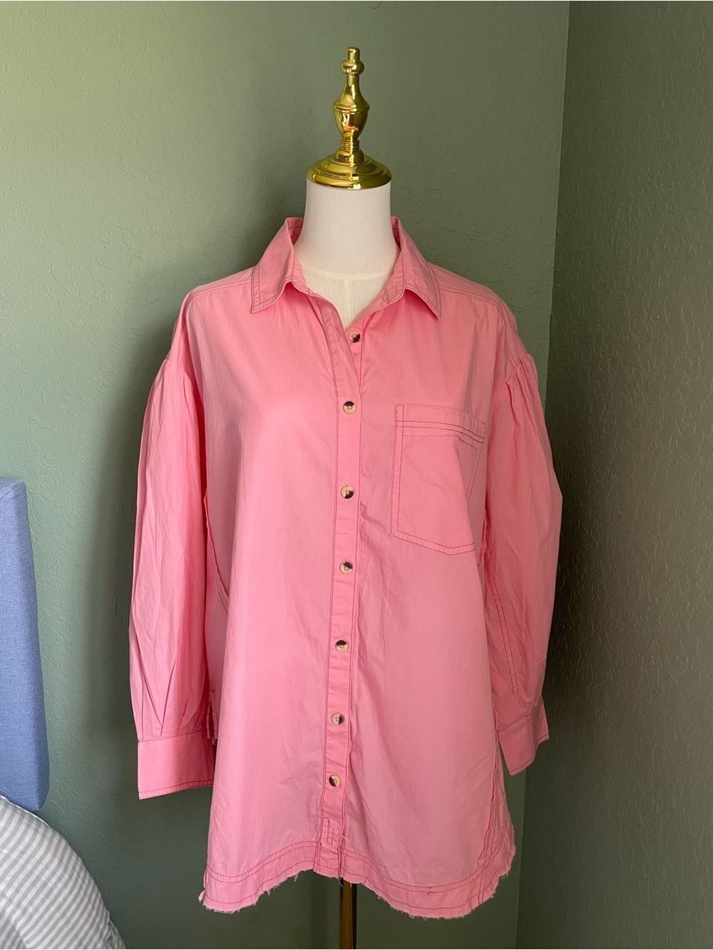 Free People We the Free Cotton Happy Hour Button Down Poplin Shirt Size S Pink